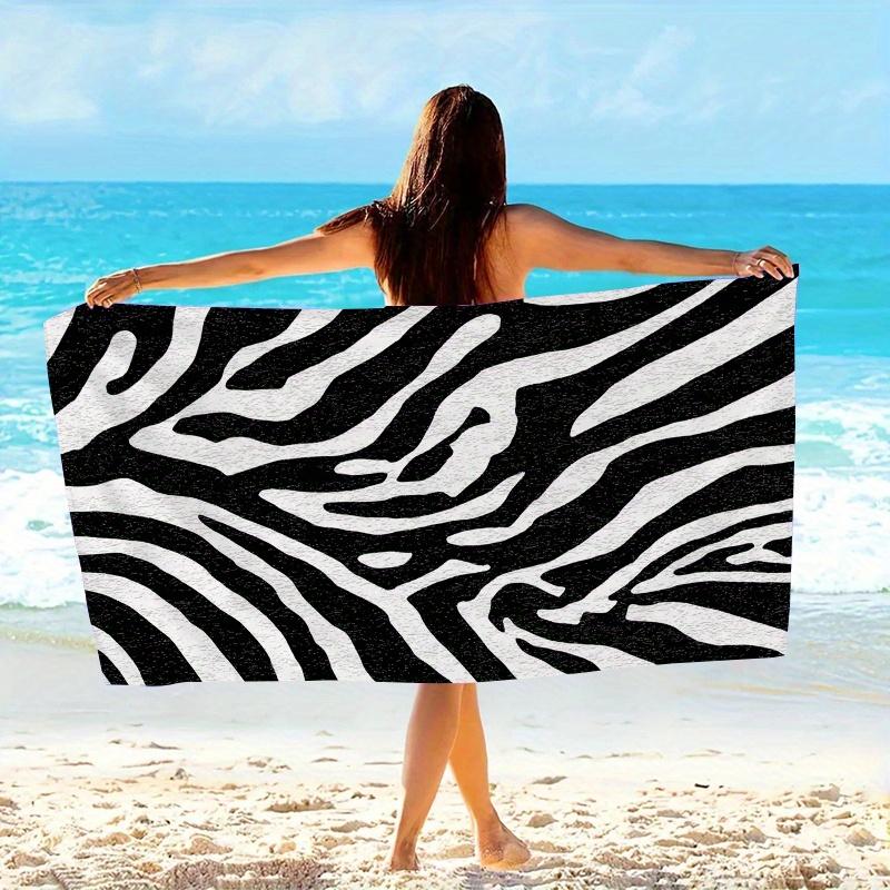 1pc Oversized Zebra Stripes Beach Towel - Modern Minimalist Fluid Zebra Pattern On Matte Black Background,Soft Microfiber Fabric