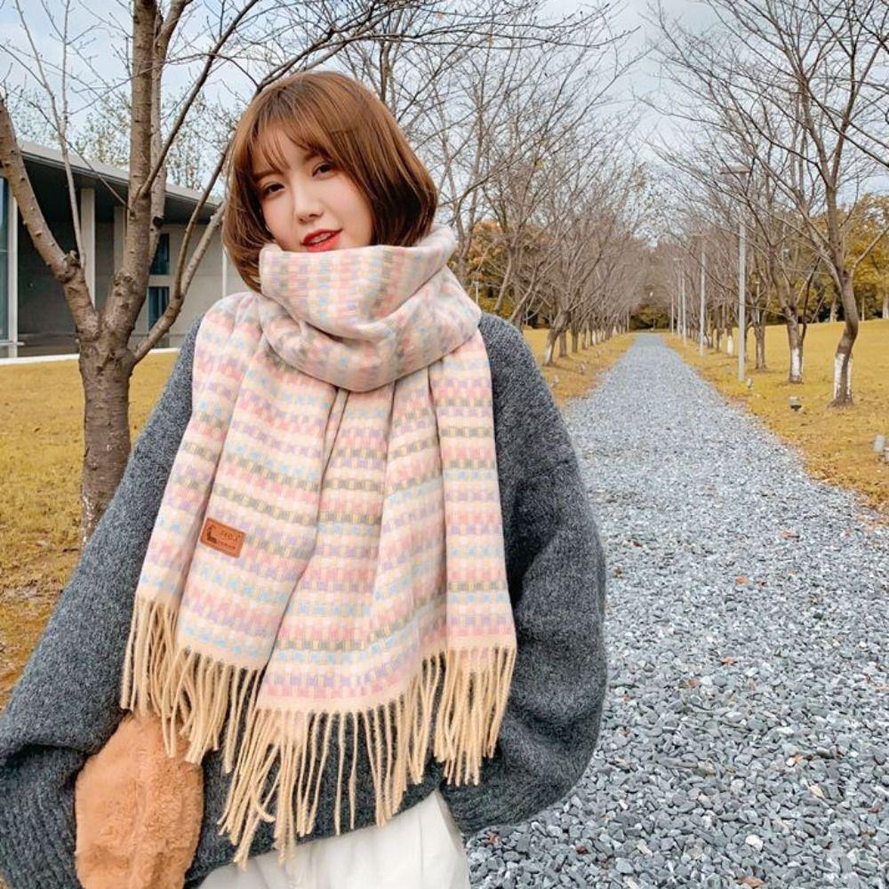 Winter Colorful Plaid Scarf Soft Cashmere Shawl Wrap Elegant Long Tassel Scarves Women
