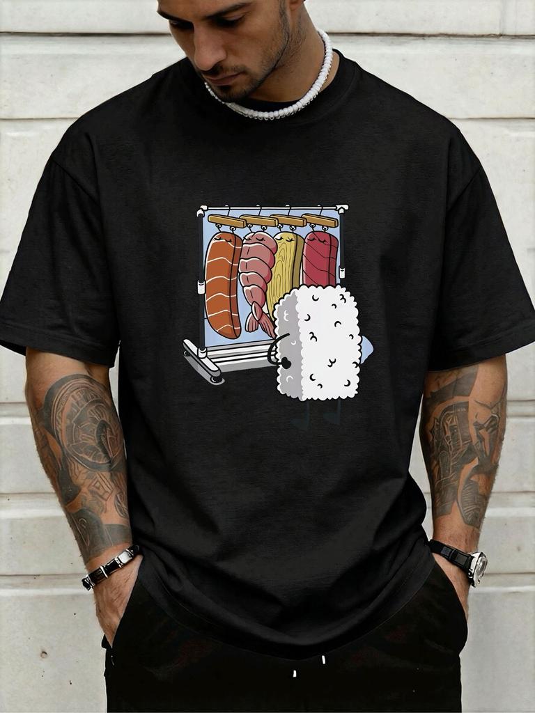 Funny Cartoon Rice Hanging Sushi Lovely Front Graphic Print Unisexs Crew Neck Short Sleeve Tee Casual Daily Soft Basic Wear Tee Top