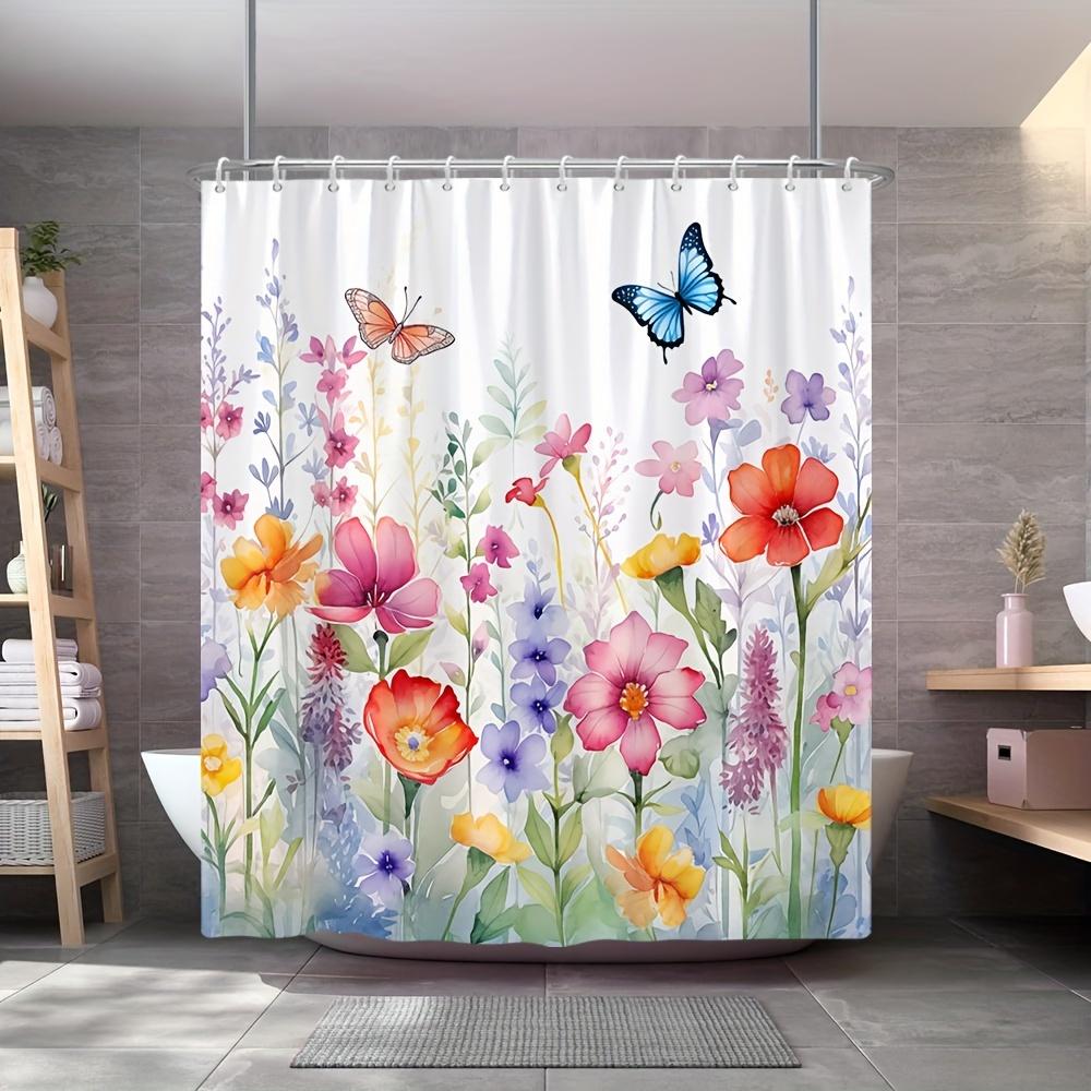 Watercolor Floral Shower Curtain with Vibrant Flowers and Butterflies for a Cheerful, Nature-Inspired Bathroom Decor