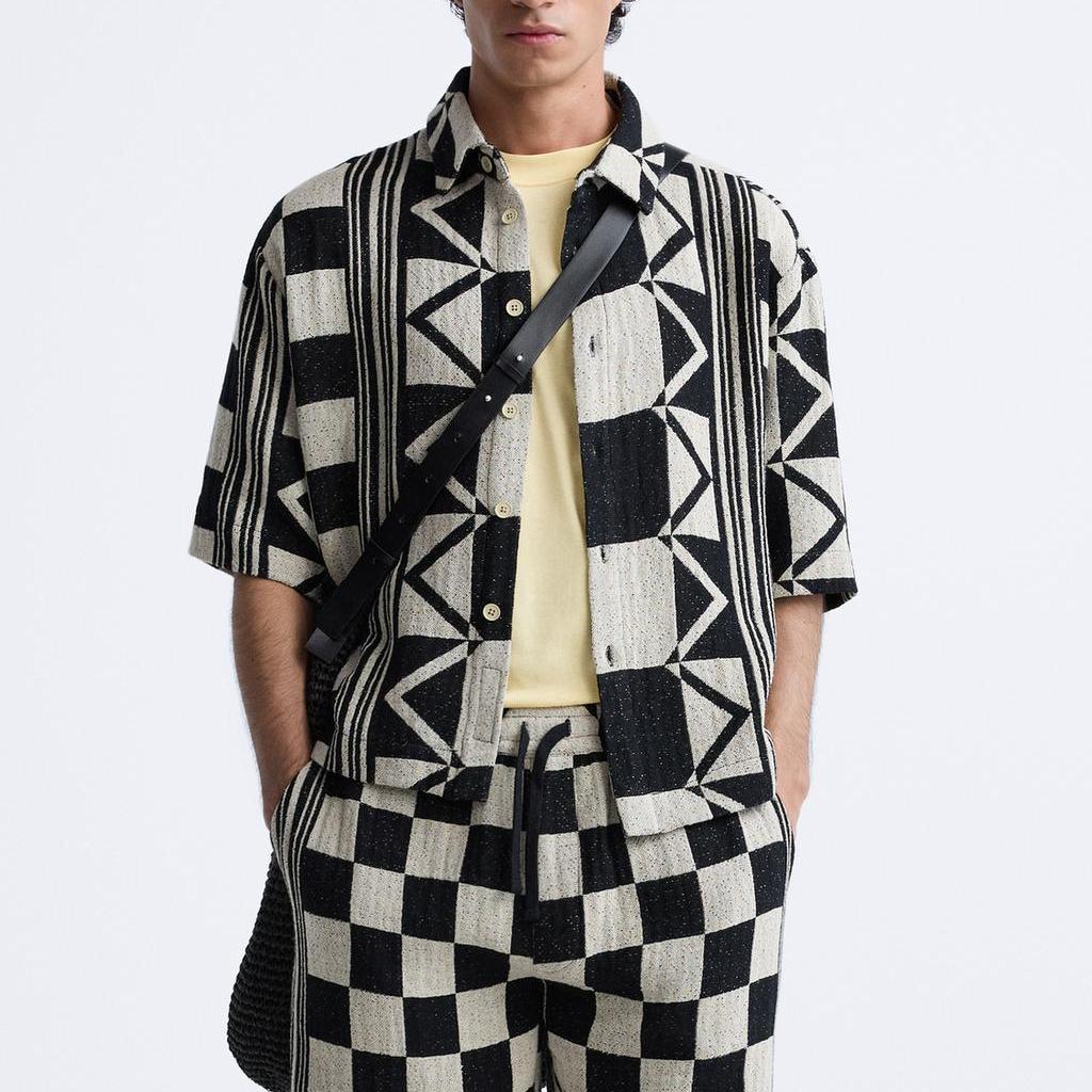 Zara Loose Geometric Pattern Casual Polo Shirt Men shirts Black White 6085464-064