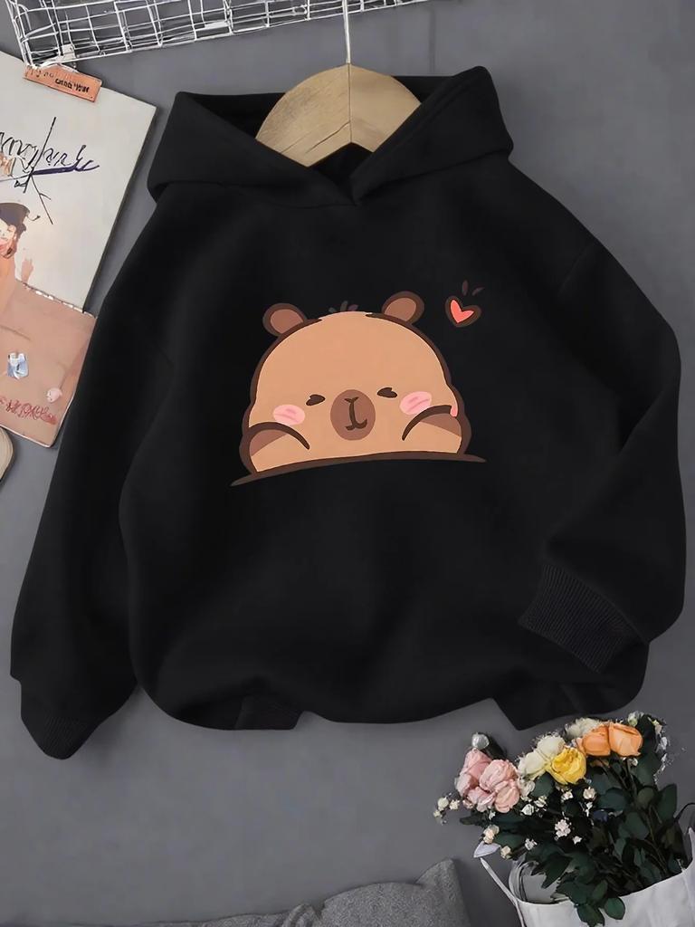 Kids Cute Capybara Hoodie Cartoon Animal Face Print Boys Girls Long Sleeve Pullover Sweatshirt Kawaii Casual Tops Spring Autumn