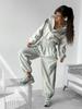 Fashion Casual Women's Clothing Cross-border European and American Long-sleeved Contrasting Color Sports Cardigan Trousers Set Street Style Set