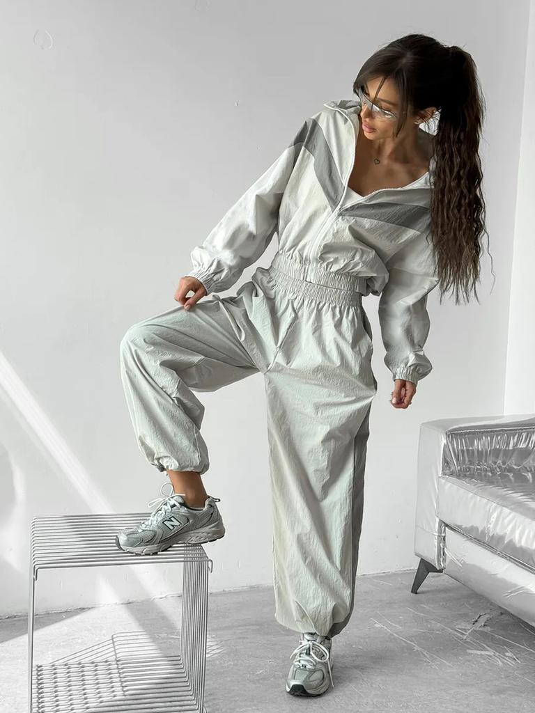 Fashion Casual Women's Clothing Cross-border European and American Long-sleeved Contrasting Color Sports Cardigan Trousers Set Street Style Set