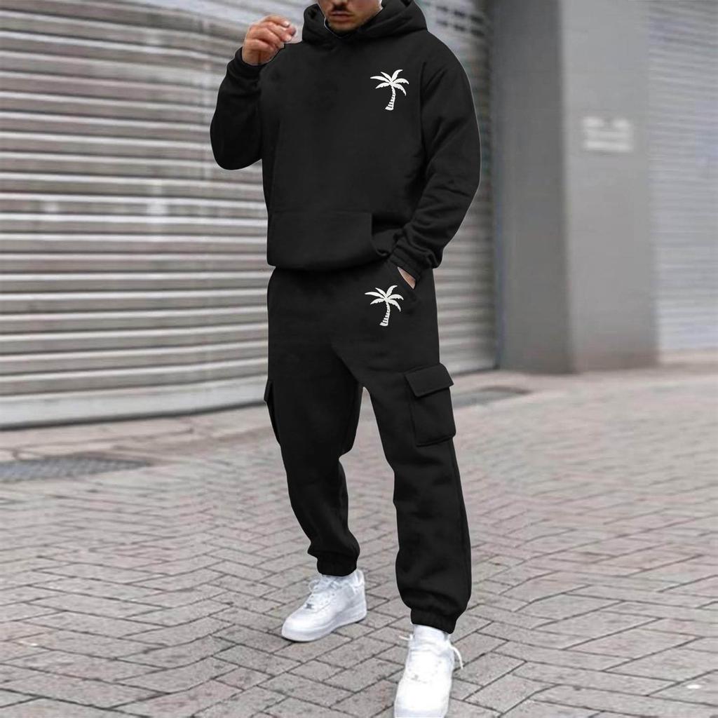 Men's Plus Size Hooded Sweatshirt and Sweatpants Set with Palm Tree Print Fleece Lined Loose Fit for Outdoor Sports and Casual Wear