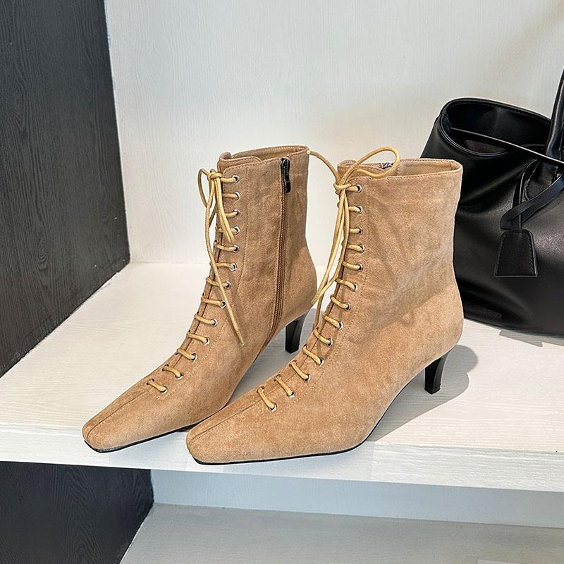 Fashion Pointed Toe Ladies Modern Ankle Boots Female Heels Footwear Flock Fashion Lace Up Elegant Women Short Boots Shoes Pumps lady