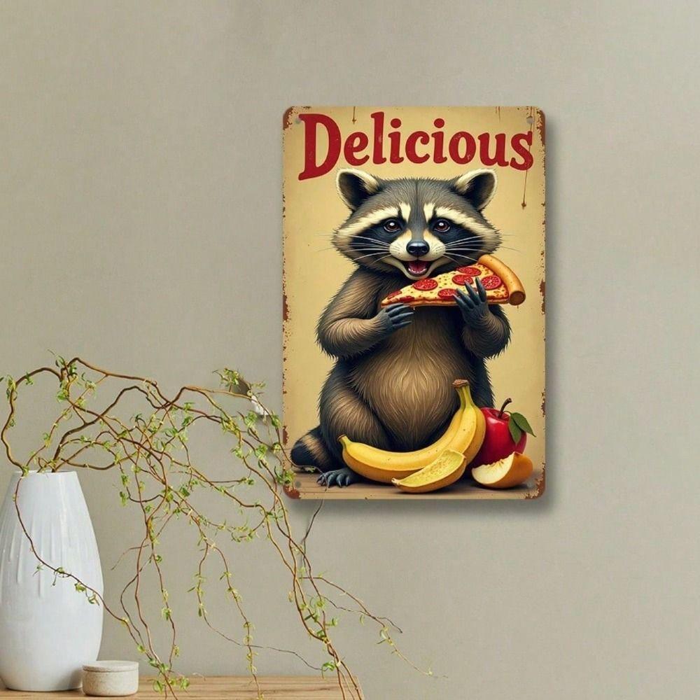 Metal Wall Art Vintage Raccoon Pizza Kitchen Decor