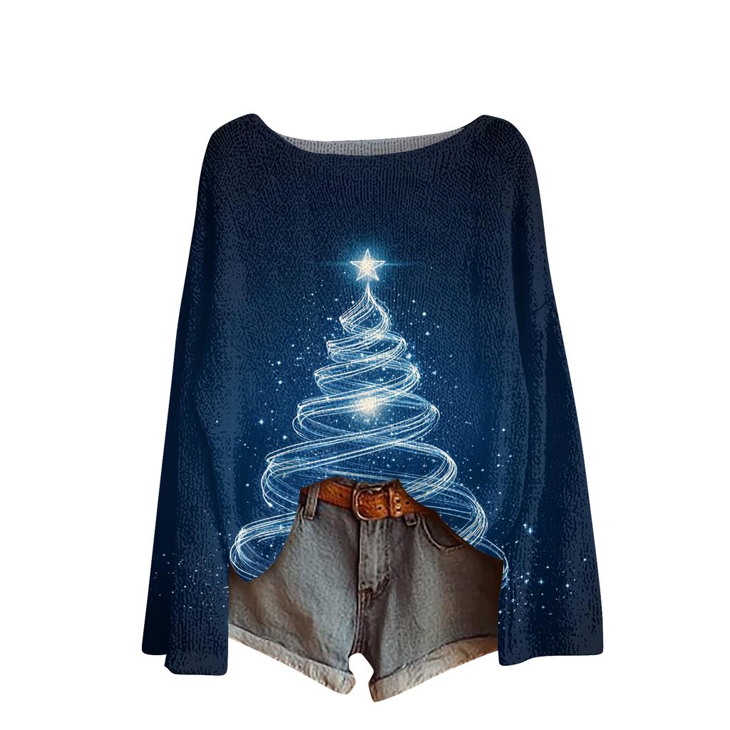 Ladies' Fashionable Casual Long Sleeved Christmas Printed Round Neck Knitted Yarn