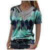 Women Tie-dye Printed Embroidery Collar Splicing Sleeve Pullover Blouse Tops