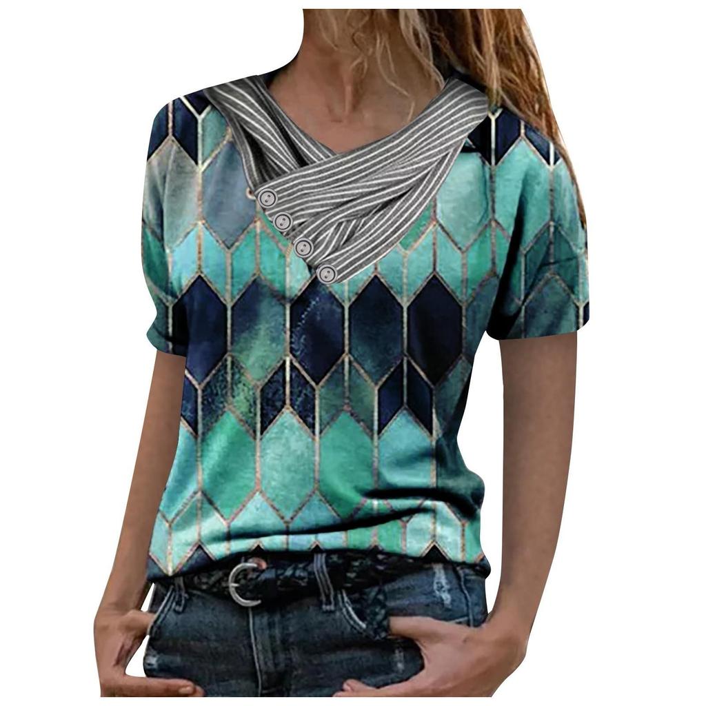 Women Tie-dye Printed Embroidery Collar Splicing Sleeve Pullover Blouse Tops