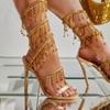 Fashion 2024 Black Gold Wrap Rhinestone Pendant Sandals Woman Summer 11cm High Heel Crystal Chain Wedding Banquet Women Shoes Size 42
