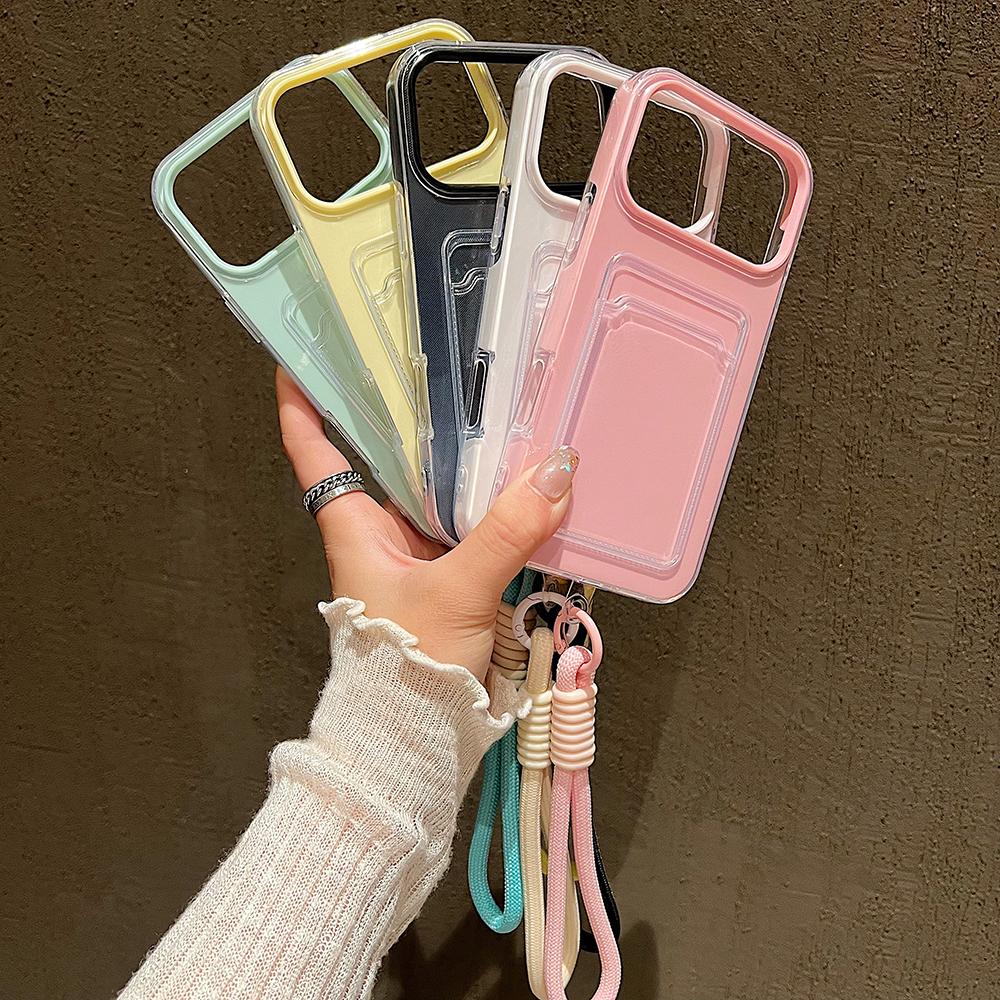 Candy Color Card Slot Bag Holder Phone Case For iPhone 17 16 15 14 13 12 11Pro Max Air Wrist Strap Shockproof Cover With Lanyard