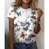 Letnie T-shirty damskie z krótkim rękawem, modne i codzienne, z okrągłym dekoltem i nadrukiem 3D motyla i ważki