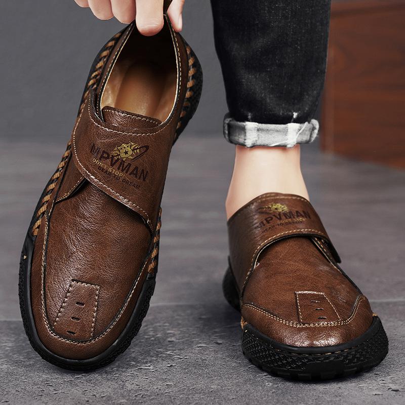 Leather Shoes Men's 2025 Autumn New One-pedal Loafers Men's Pure Hand-stitched Soft-soled Non-slip Large-size Dad Shoes