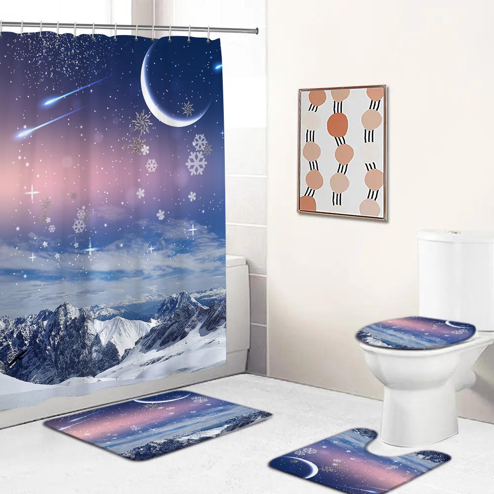 Snow Cedar Landscape Christmas Bathroom Shower Curtain Set Waterproof Bathtub Curtains Toilet Cover Mat Non Slip Rug Set