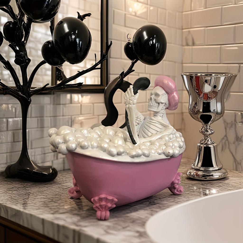 Artistic Resins Female Skeleton in Bathtub Statue Gothic Home Decors Bathing Skull Sculpture Figurine Desktop Ornament