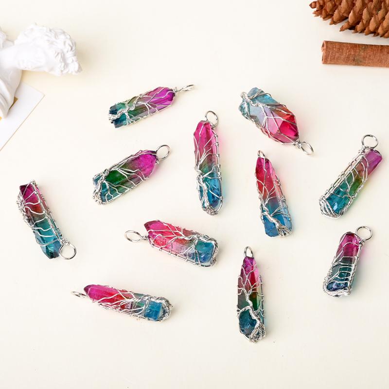 Natural Crystal Jewelry Tree of Life Silver-wrapped Aura Clear Quartz Point Pendant for Decoration