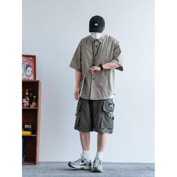 Hong Kong Style Retro Short Sleeved Shirt Men's Summer Japanese Loose Workwear Casual Five Quarter Sleeved Top Jacket