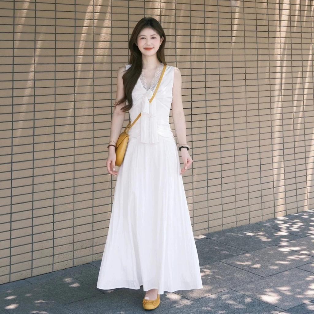 Sleeveless White Bow Long Dress Dress Women's 2026 New Model Is Huge, Beautiful In Early Spring, Beautiful French Waist