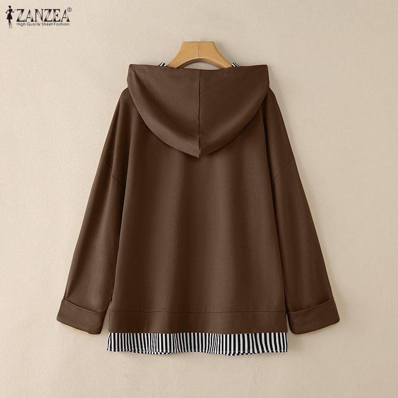 ZANZEA Women Hoodies Casual Long Sleeve Stripe Patchwork Hooded Sweatshirts