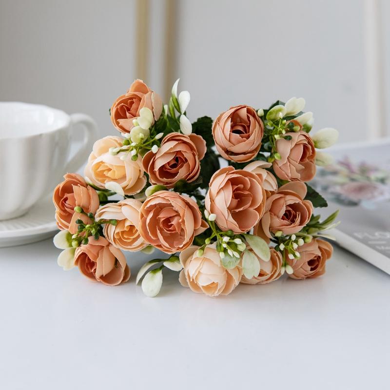 15 Heads Silk Roses Small Tea Bud Artificial Flowers Wedding Festival Room Decor Home Ornamental Flowerpot Photography Props Diy