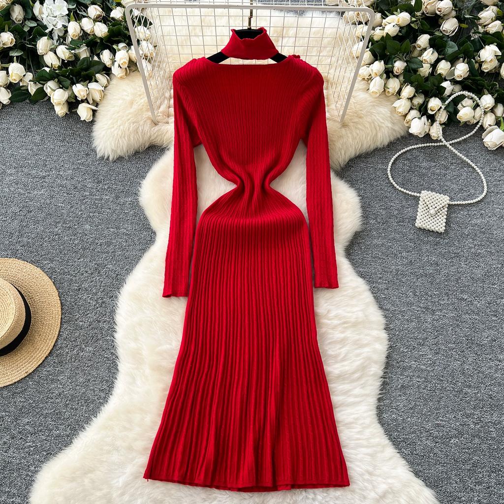 Podzim Zima Dámský Elegantní Svetr s V-výstřihem a Dlouhým Rukávem s 3D Květinami Pletený Pulovr Dlouhé Midi Společenské Šaty