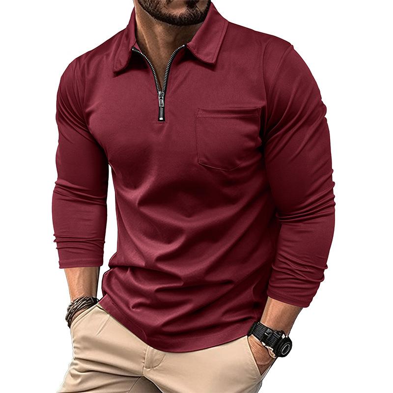 Men's Sports Polo Shirt Fashion Solid Colour Men's Long-Sleeved Zip-Up Collar Top
