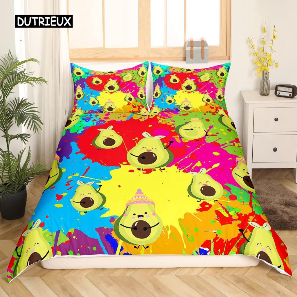 Avocado-Bettbezug-Set für Kinder, Kawaii-Bettwäsche-Set, süße Früchte, Bettbezug, Zwillingsgröße, tropischer botanischer Cartoon-Bettbezug