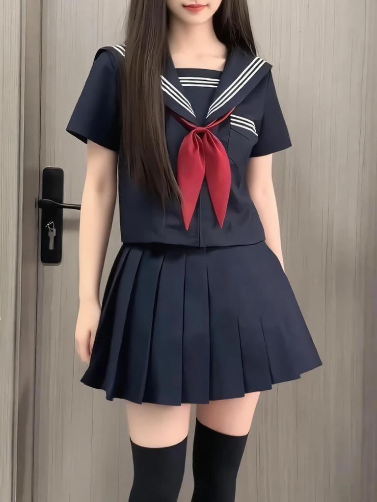 Bubu Ohana Short Sleeve Sailor Uniform Top and Bottom Cosplay Costume for and with Ribbon and Pleated Mini Design Size L to Japanese Size Set,