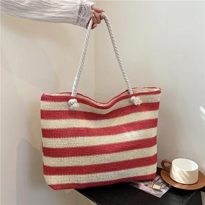 Women's Straw Shoulder Bag Simple Beach Bag Fashionable Color Contrast Large Capacity