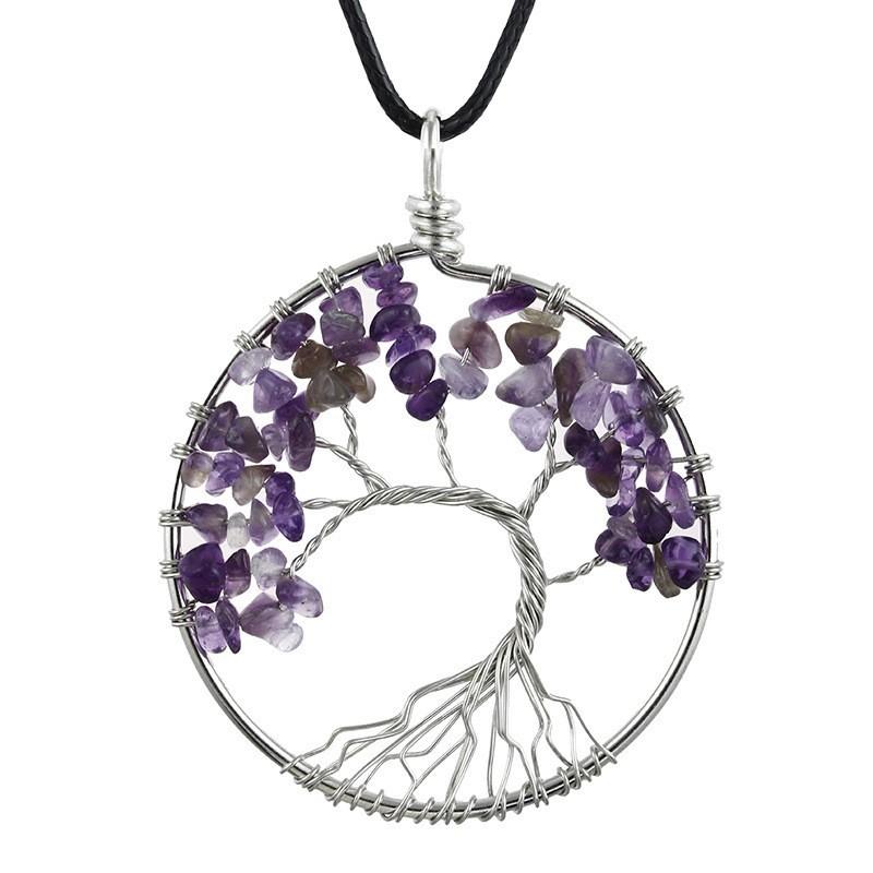 Natural Stone Irregular Tree Of Life Necklace Pendant Amethyst Wrapped Wisdom Tree Necklace Colorful Gravel N02