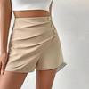 Sommer-Shorts für Damen, hohe Taille, asymmetrischer Plissee-Knopf-Dekor, einfarbig, schmale Passform, weiche Bauchkontrolle, über dem Knie liegende Mini-Shorts