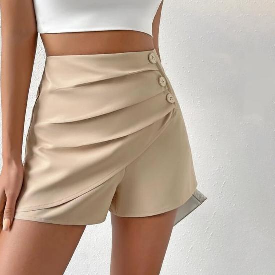 Sommer-Shorts für Damen, hohe Taille, asymmetrischer Plissee-Knopf-Dekor, einfarbig, schmale Passform, weiche Bauchkontrolle, über dem Knie liegende Mini-Shorts