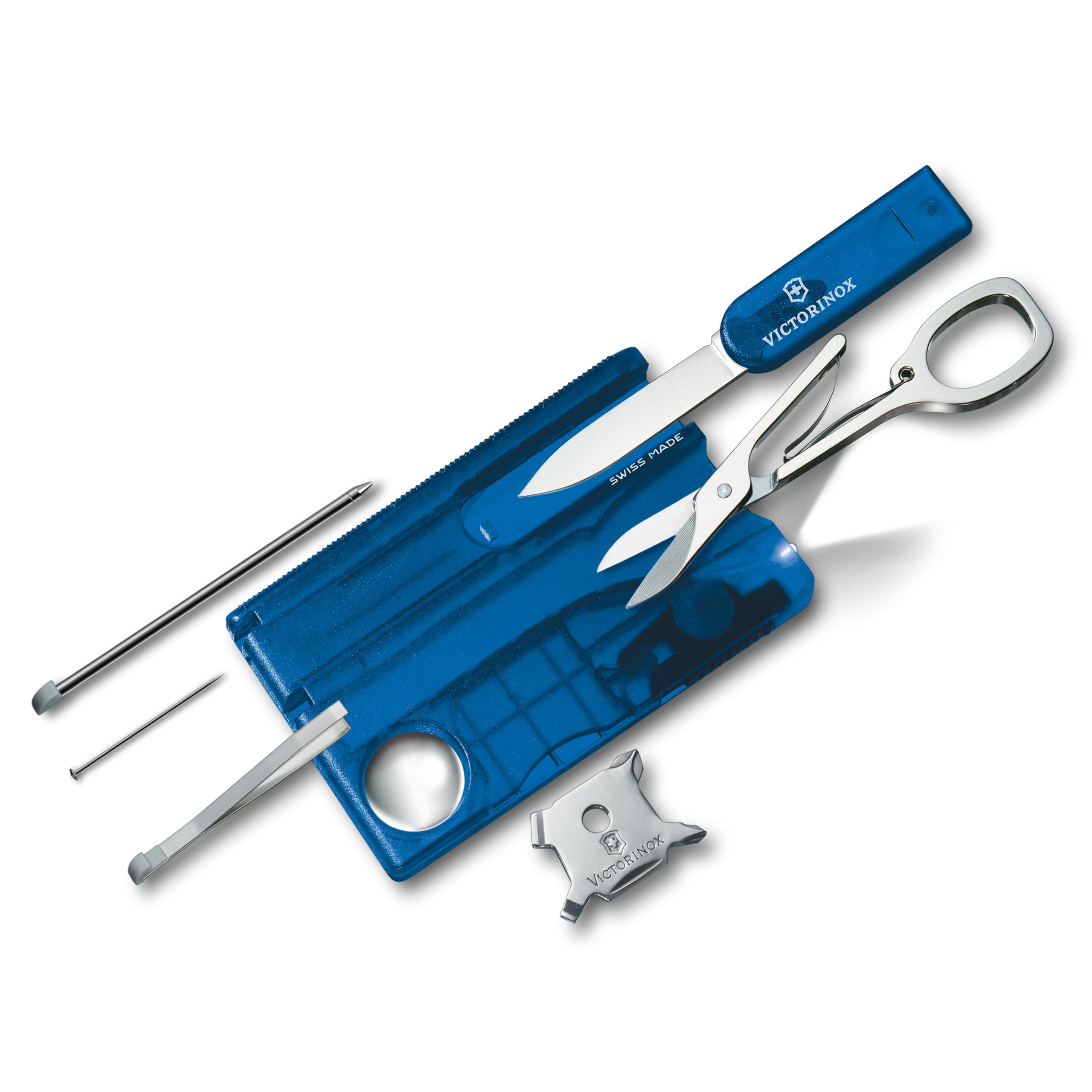 VICTORINOX SwissCard Light Translucent Blue Swiss Army Knife Stationery Magnifying Glass Ballpoint Pen LED Light with Phillips Screwdriver 13