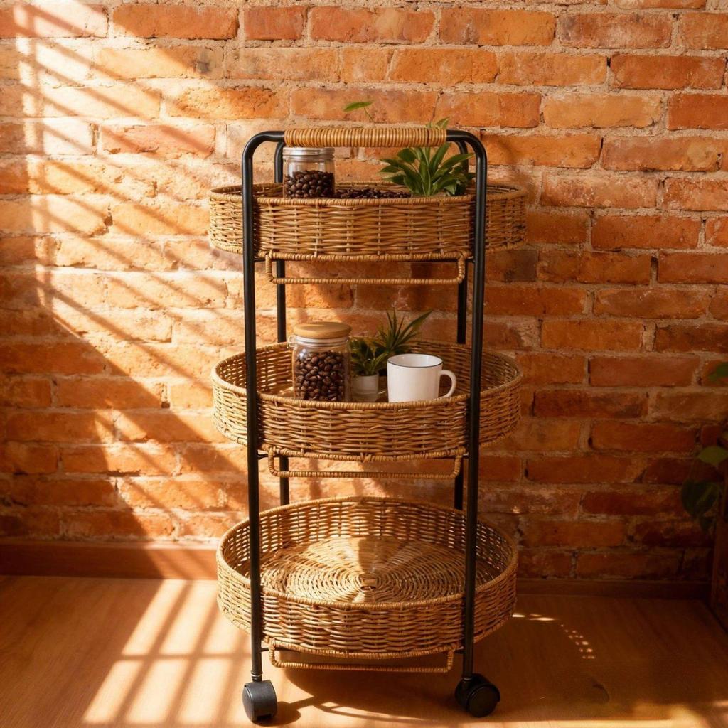 Rattan Rolling Cart Handwoven Design Detachable for Dining Area
