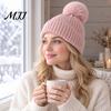 Warm Knitted Hats Winter Hat with Fluffy Fur Ball, Thick Cuffed Cap, Elastic Soft Outdoor Travel Headgear Stretchy Fabric Solid Color for And