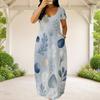 Women Plus Size Round Neck Short Sleeve Abstract Printed Loose Maxi Dress With Side Pockets