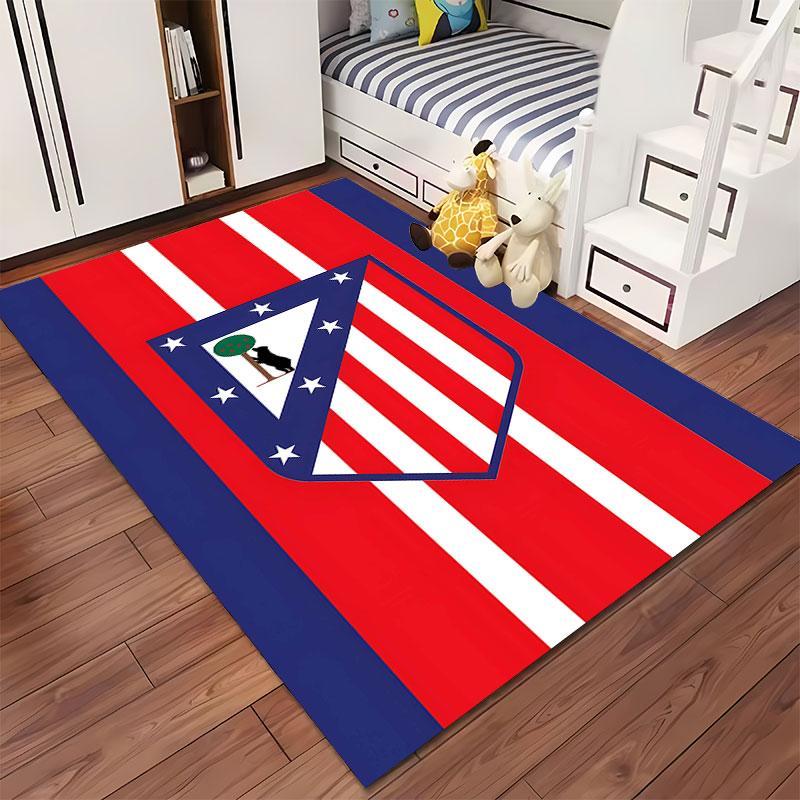 Red-Blue Striped Carpet with Emblem Suitable As a Non-slip Mat for the Living Room or Bedroom Sofa