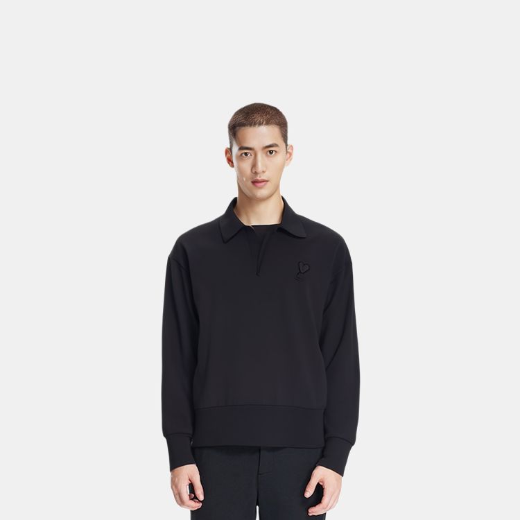AMIPARIS Appliqué Heart Merino Wool Knit Long Sleeve Polo Sweater Unisex Sweater Black UPL342KN0039-001