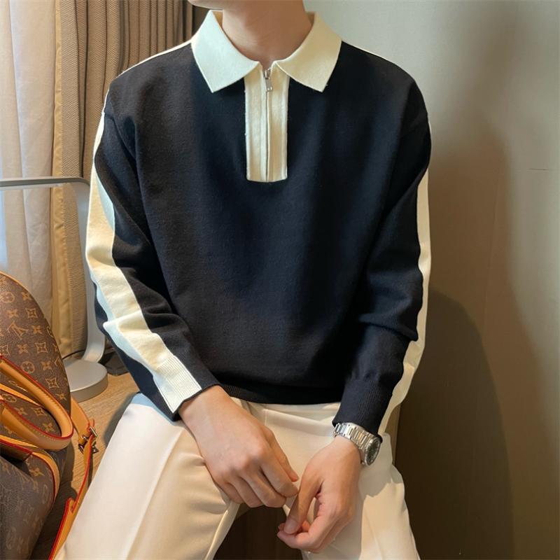 

Style Autumn Winter Long Sleeved Color Matching Shoulder Knitted Lapel Top with Half Zipper Design Trendy Men s Polo Shirt XXXL чорний