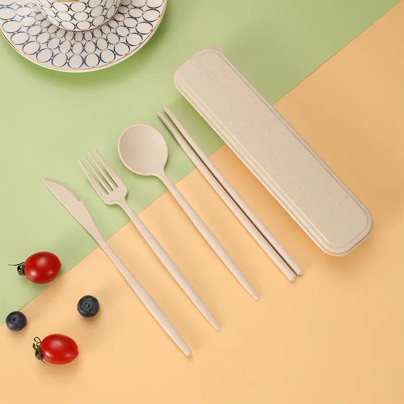 Wheat Straw Dinnerware Set Portable Tableware Knife Fork Spoon Eco-Friendly Travel Cutlery Set Utensil Box Chopsticks Set