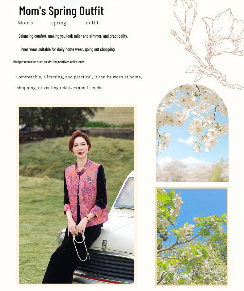 Elegant Mother's Day Spring Outfit: Middle-Aged Gold Velvet Two-Piece Set with Inner Top and Vest.