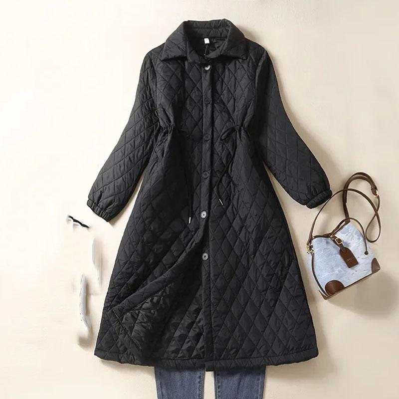 Autumn and Winter Clothes, Large Size, Loose Quilted Cotton Coat, Long, Slim Waist, Diamond Pattern Jacket, Versatile, Fashionable Coat for Women