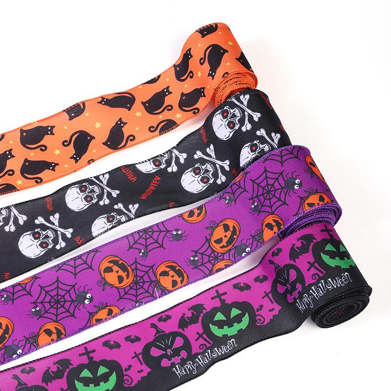 Halloween Pumpkin Skull Printed Ribbon - Halloween Party Decoration Ribbon, Colorful Strip Decoration Item, Woven Ribbon