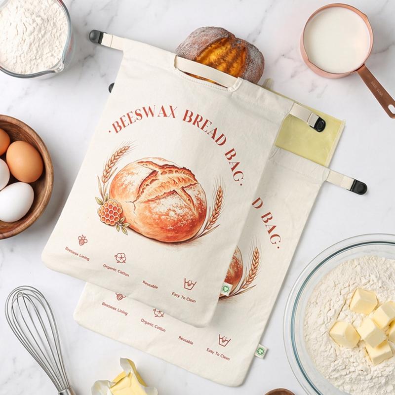 Organic Cotton Bread Storage Bag with Wax Lining, Removable Design, Flexible Closure Bands, and Carry Opening for Bread and Everyday Foods