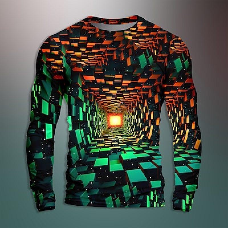 Graphic Geometric Optical Artistic Men's 3D Print Casual Holiday T shirt Long Sleeve Crew Neck Shirt Fall Spring