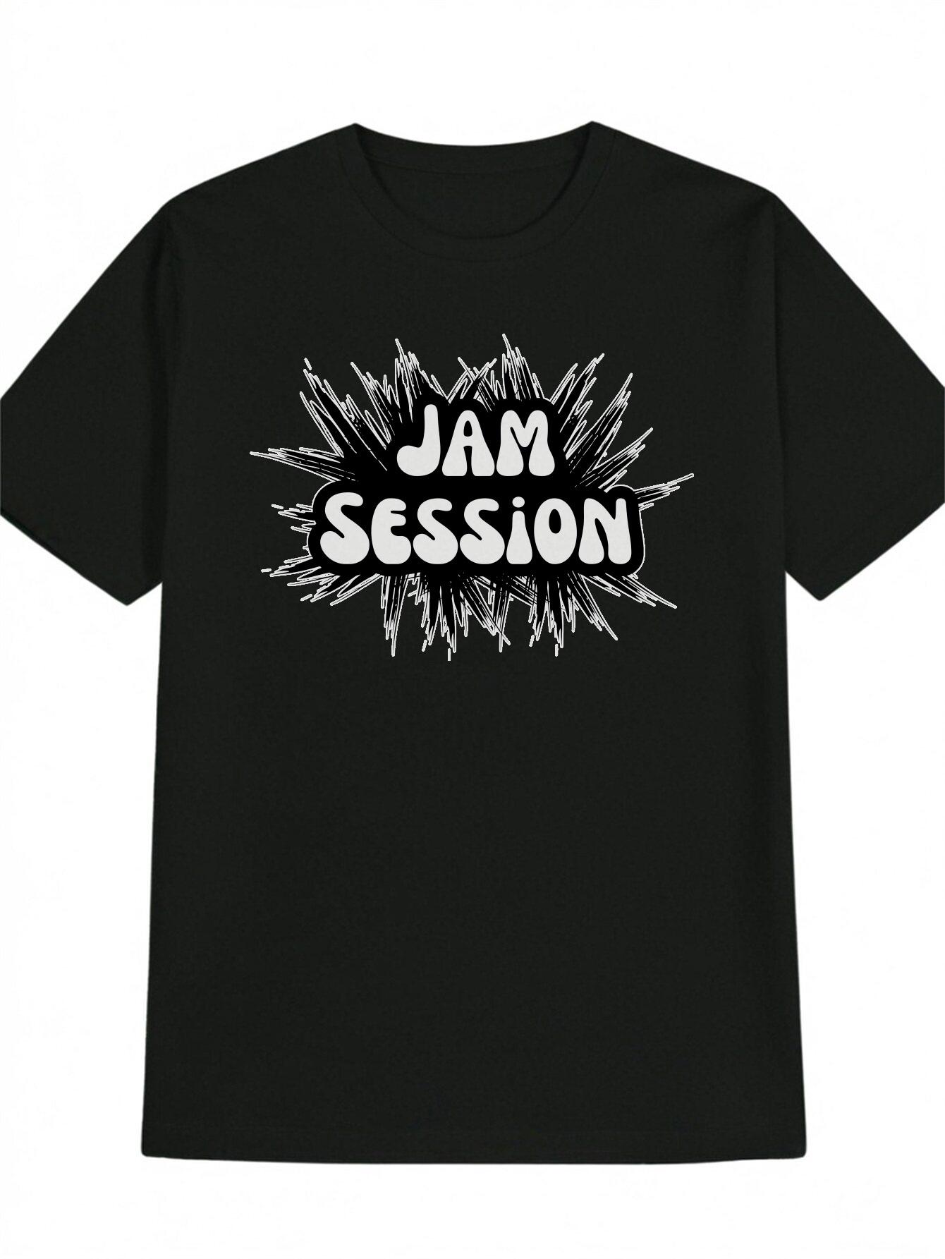 Casual Black T-shirt with JAM SESSION White Letter Print - Round Neck XL