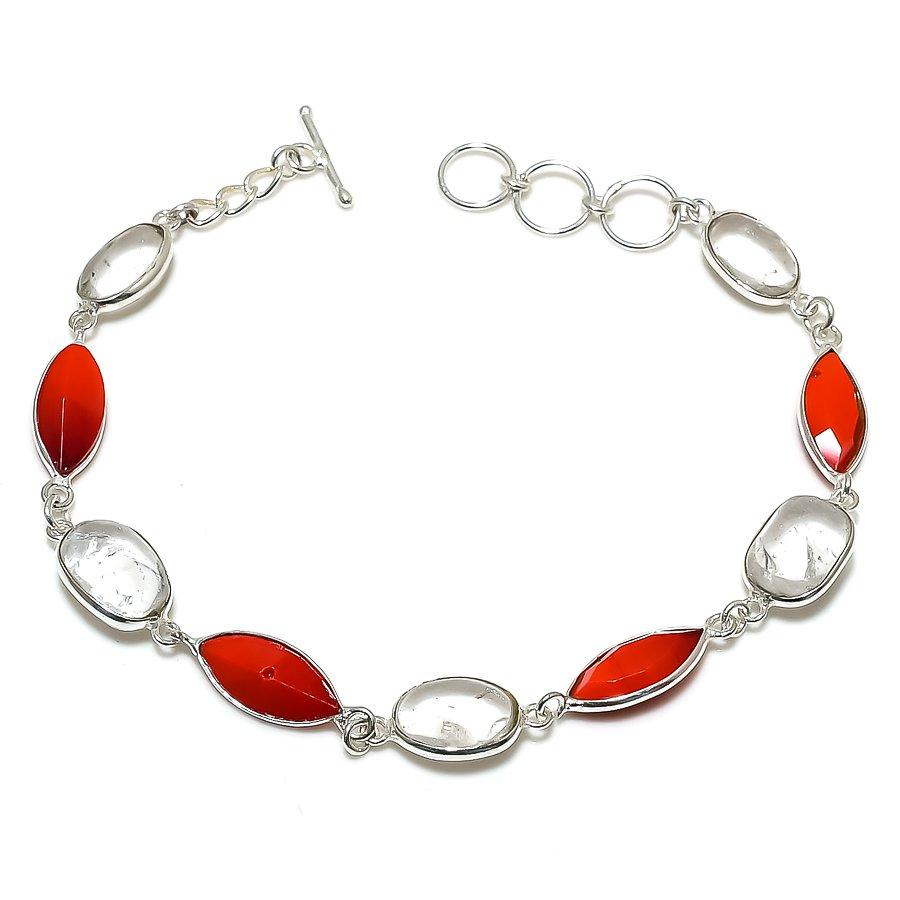 

Браслет из стерлингового серебра 925 пробы с натуральным белым топазом и красным кораллом, 7–8 дюймов, n5R82