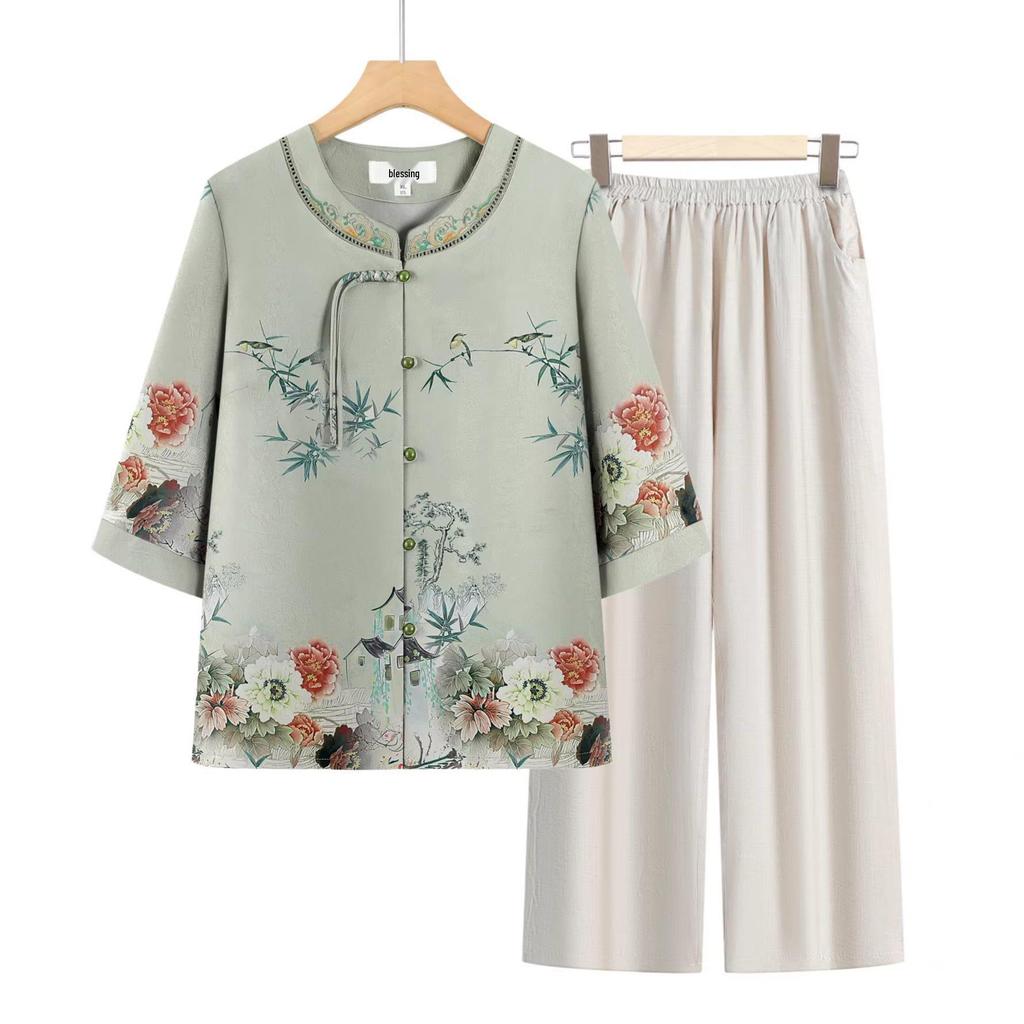 Stylish Summer Set for Women: Chinese-Inspired Short-Sleeve Top and Pants for Middle-Aged and Elderly Ladies