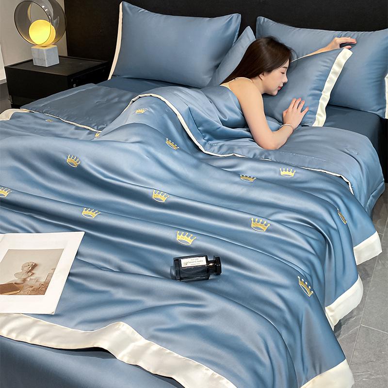 Embroidered Ice Silk Summer Quilt Set: 4-Piece, Machine Washable, Thin & Cool